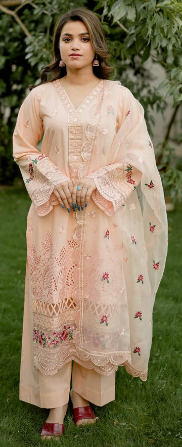 Elegant Peach 3-piece embroidered
