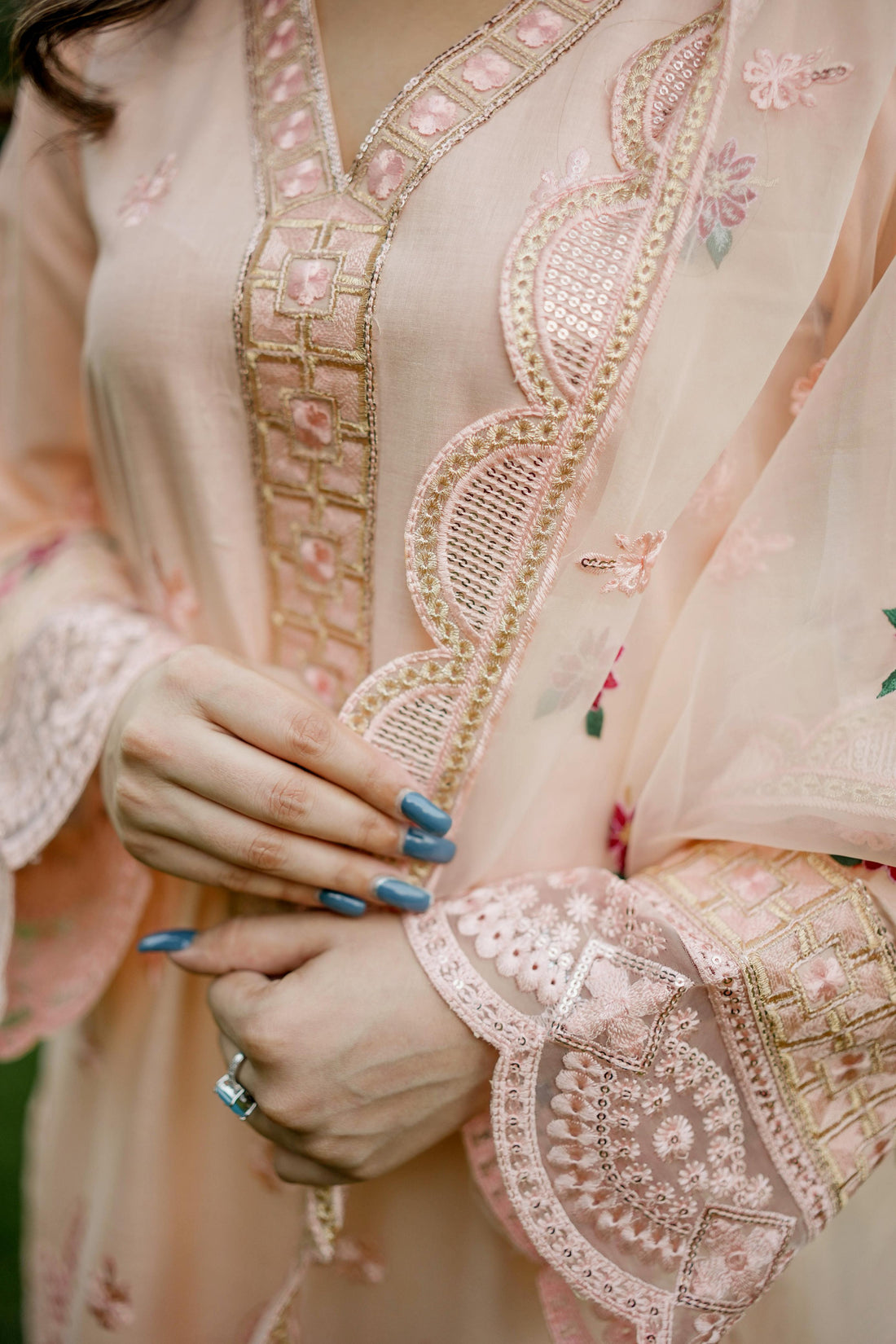 Elegant Peach 3-piece embroidered