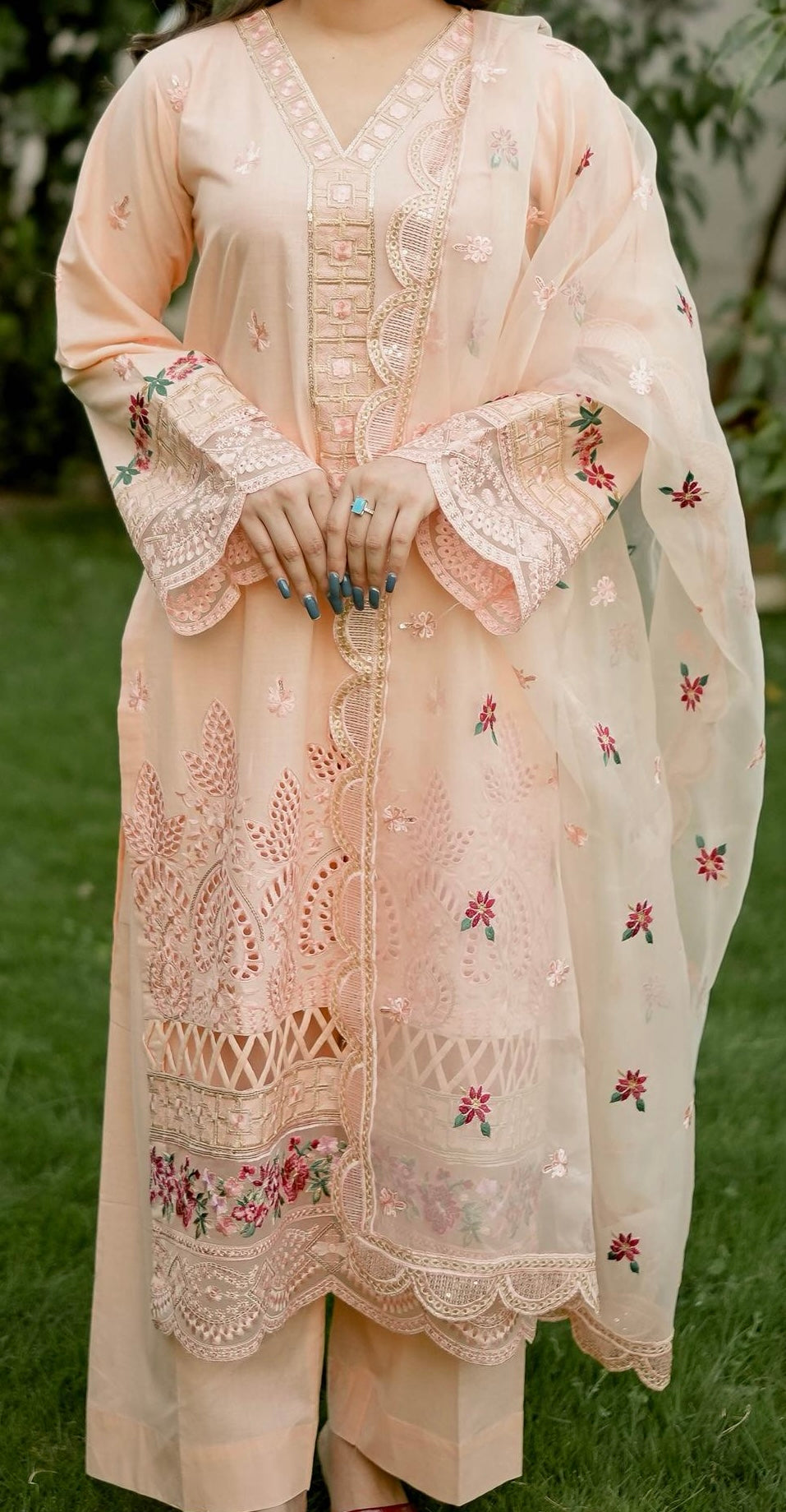 Elegant Peach 3-piece embroidered