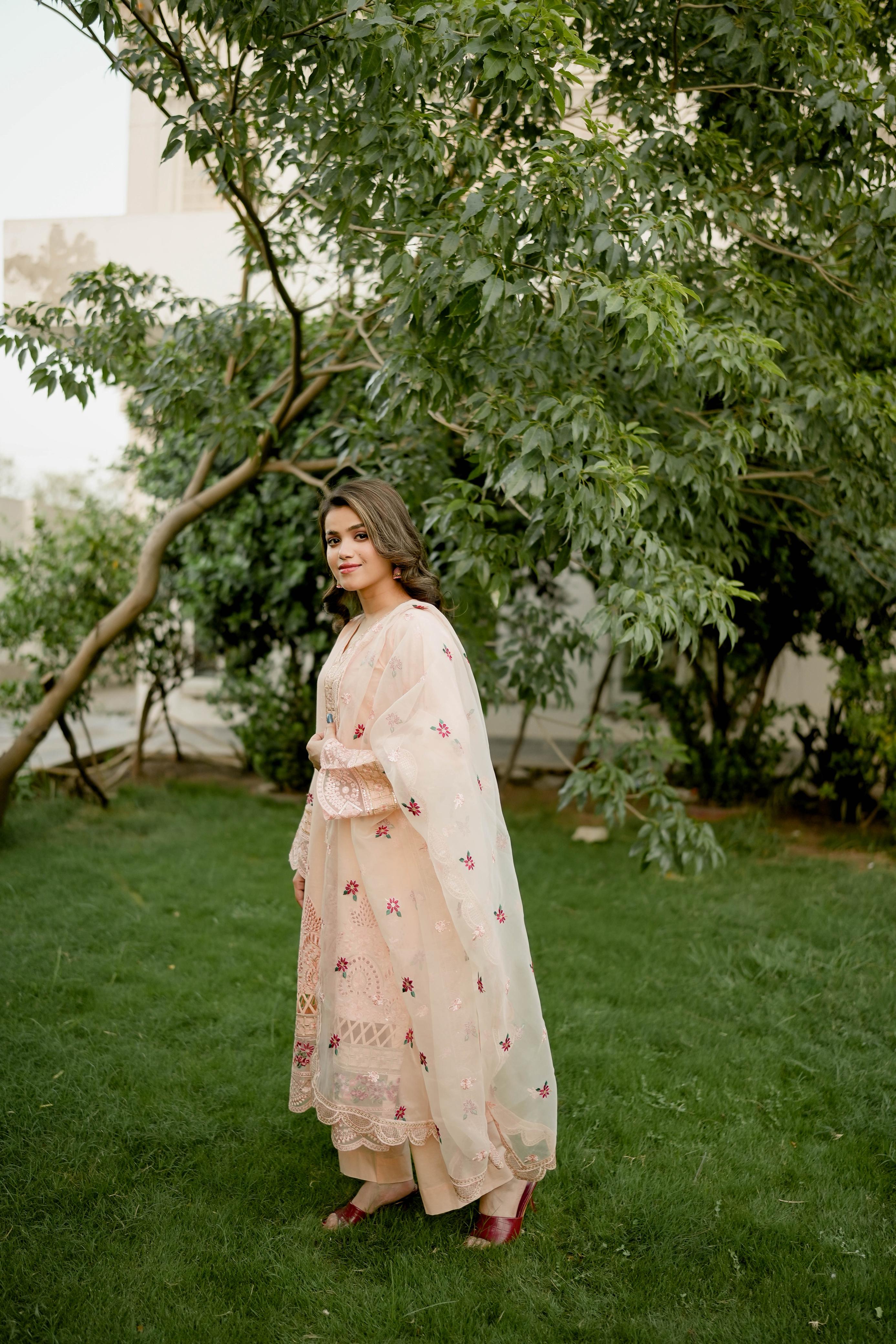 Elegant Peach 3-piece embroidered