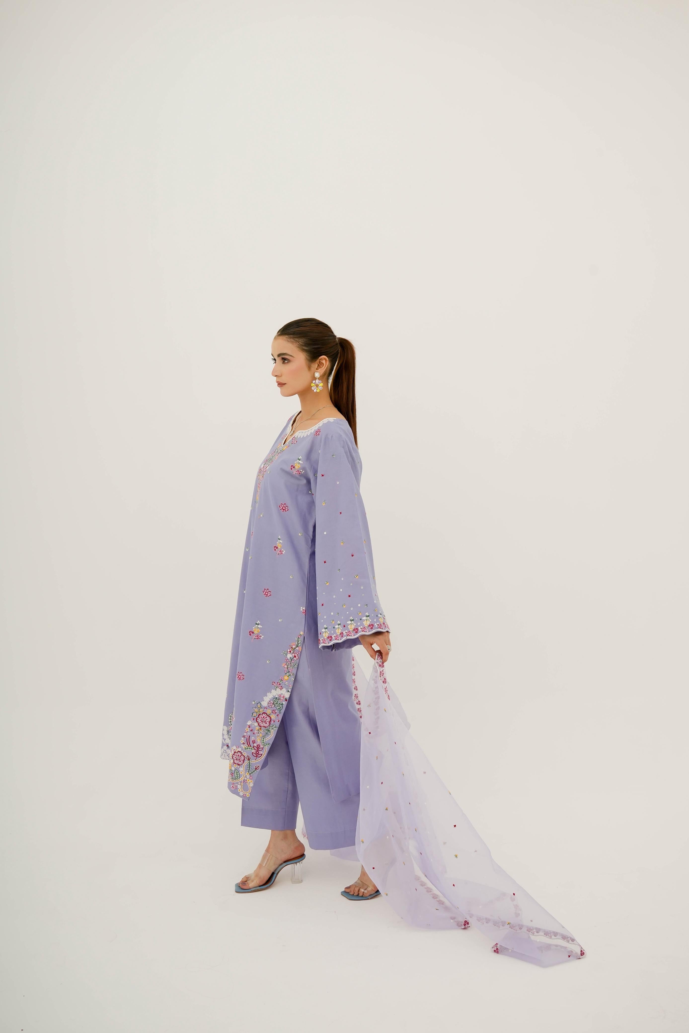 Eilara Purple Embroidered Lawn Suit with Embroidered Dupatta