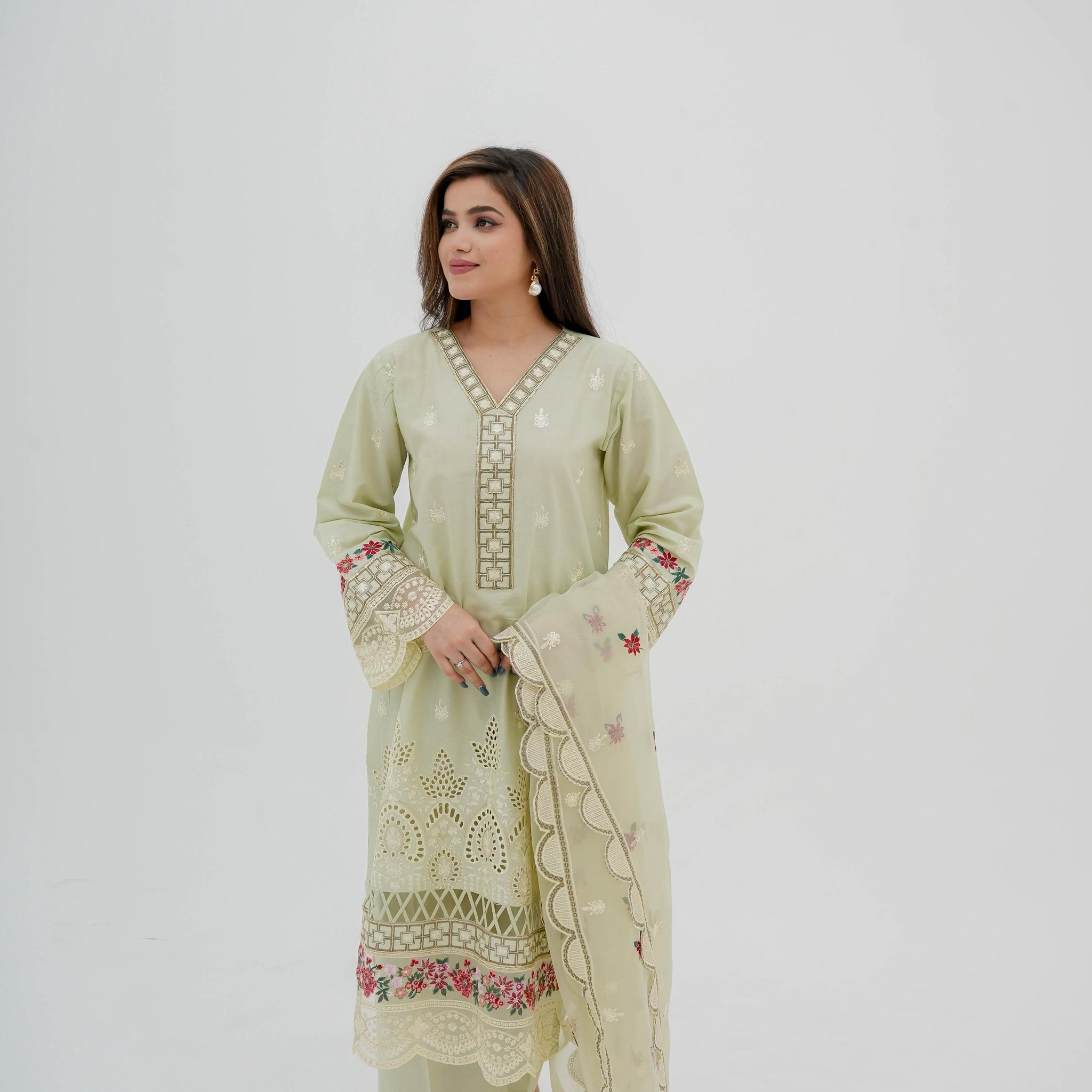 Hania Pistachio Embroidered Cotton Suit with Organza Dupatta